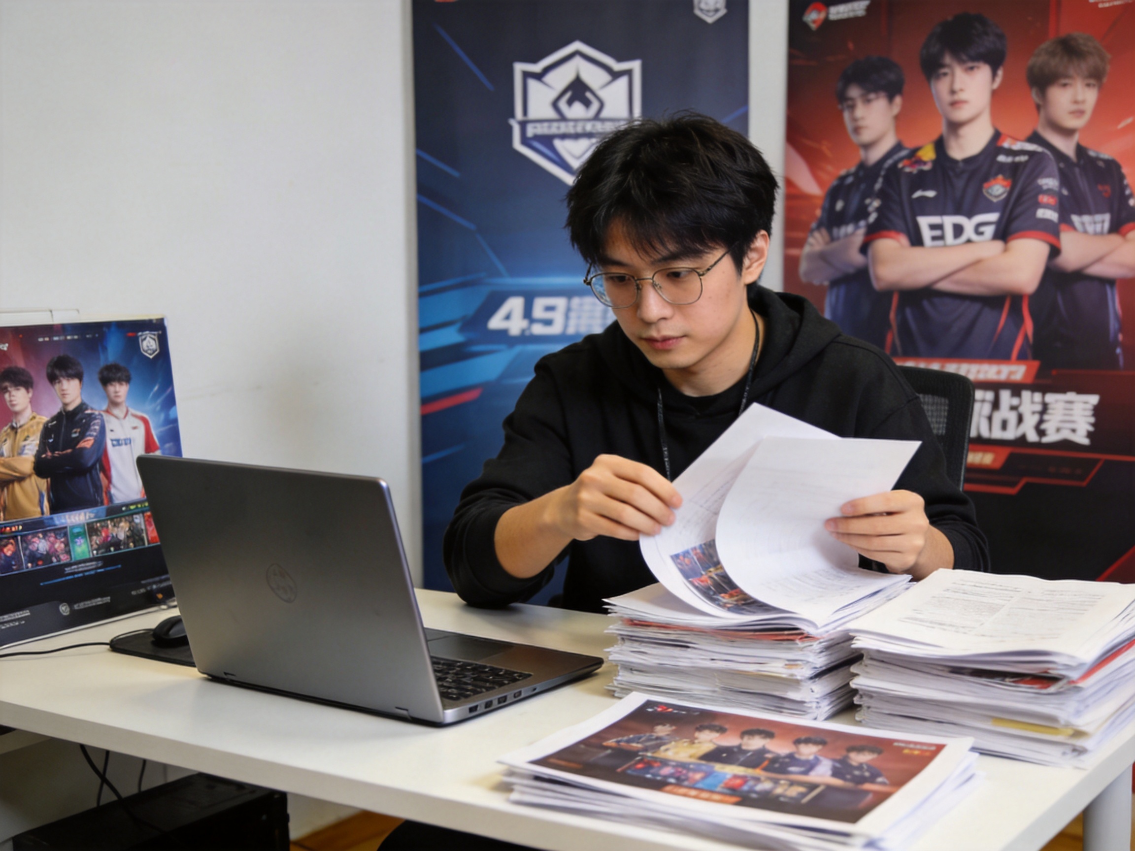 电竞资讯编辑整理赛事稿件与内容素材的画面